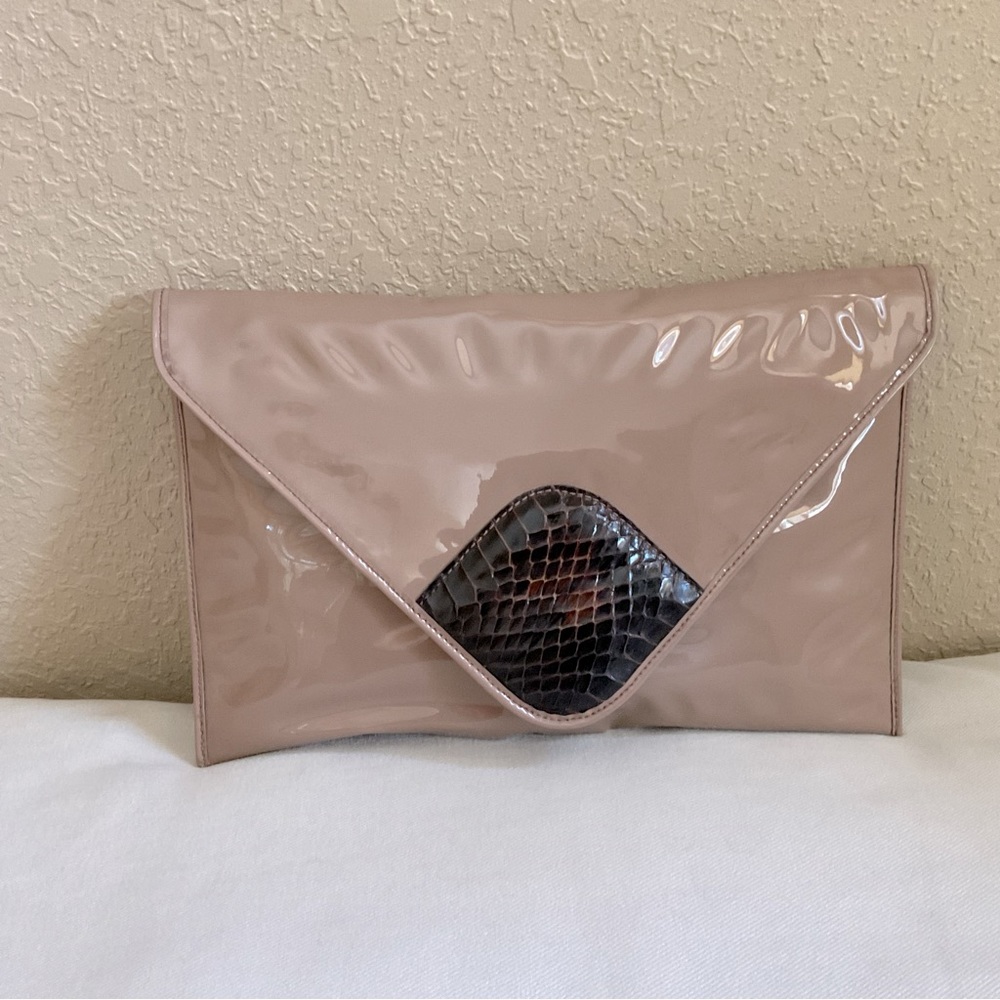 David Mehler for Dame Mocha Shiny Patent & Snakeskin Envelope Clutch VTG 70’s